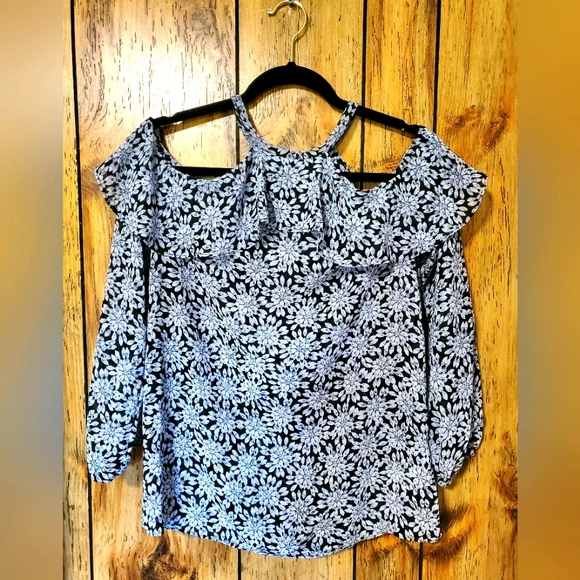 Michael Kors Cold Shoulder Sheer Halter Jewel Print Top SMALL Ruffles - Picture 2 of 11